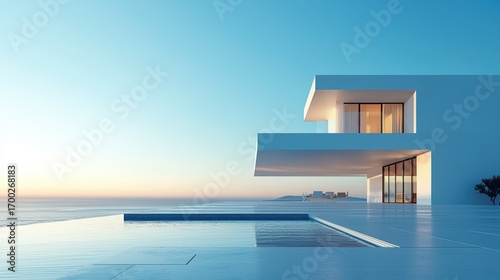 Stunning modern architecture showcasing a luxury home with a pool, ocean view, and serene sunset, embodying elegance and contemporary design aesthetics