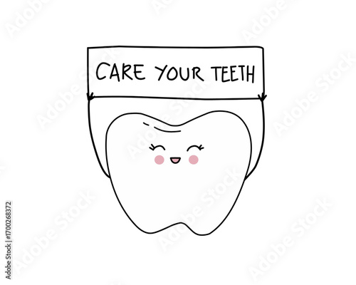 Cute smiling tooth with a banner that says 'Care Your Teeth' emphasizing dental hygiene and healthy habits for oral care
