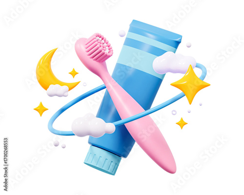 Creative 3D illustration of a toothbrush and toothpaste tube with moon and stars, symbolizing dental hygiene and bedtime routine