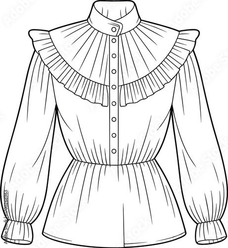 Victorian Style Ruffle Collar Blouse CAD Drawing, Long Puff Sleeve Flat Sketch, Women’s Fashion Technical Illustration, Vector Apparel Design Template