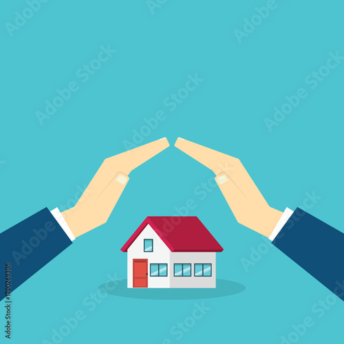 House with a protective hands. For security concepts, protection of private property. Insurance, mortgage, credit.	
