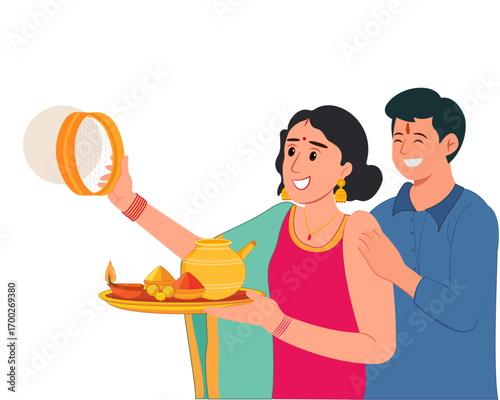 Indian married couple performing Karwa Chauth puja looking moon through sieve vector illustration