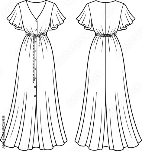 Maxi Dress Flat Sketch with Ruffle Sleeves, CAD Fashion Technical Drawing, Front and Back View, Vector Apparel Template for Designers and Illustrators