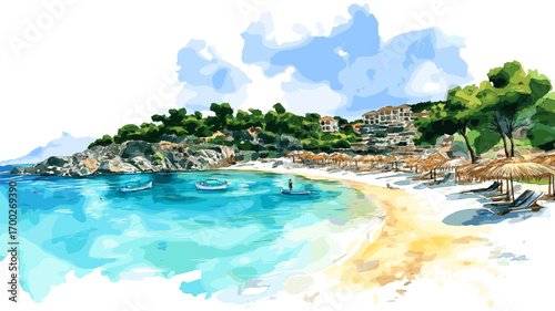 Ksamil Beach. Ksamil Beach watercolor vector illustration
