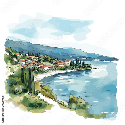 Lake Ohrid. Lake Ohrid watercolor vector illustration