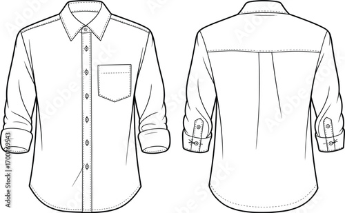 Long sleeve button up shirt fashion flat sketch, front and back technical drawing, rolled sleeve tab detail, vector apparel CAD illustration