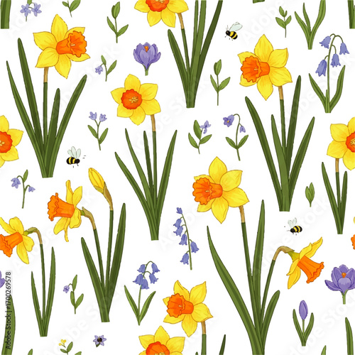 Seamless pattern of blooming daffodils, purple crocuses, bluebells, and buzzing bees, perfect for spring and garden themes
