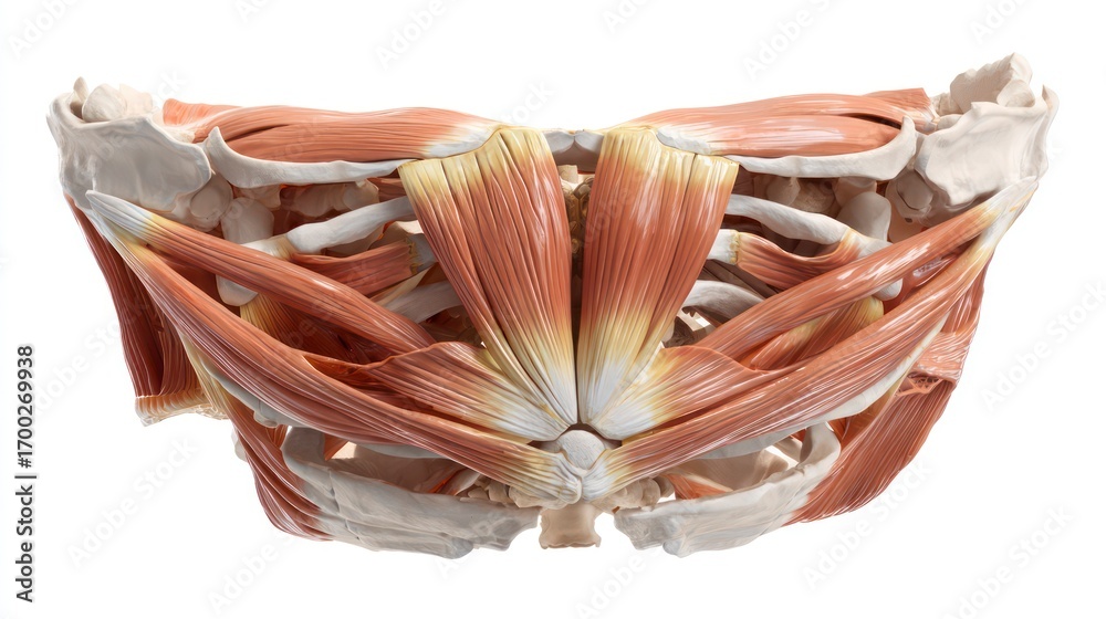 Obraz premium 3D rendering of human abdominal muscles and pelvis bones, realistic lighting, isolated on white