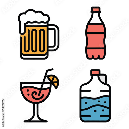 Vector illustration of various drinks including beer cocktail soda and water in modern style