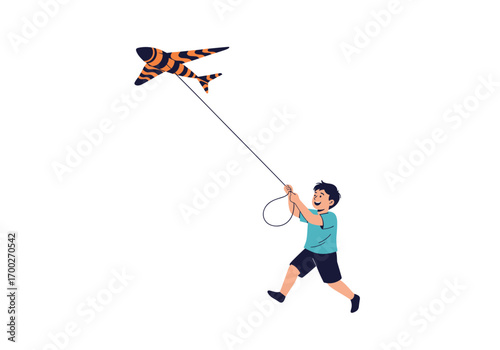A young boy flying a tiger-striped airplane kite outdoors on a windy day