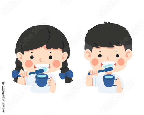 Cute cartoon illustration of a boy and girl brushing their teeth together, demonstrating children's dental hygiene and daily oral care routine