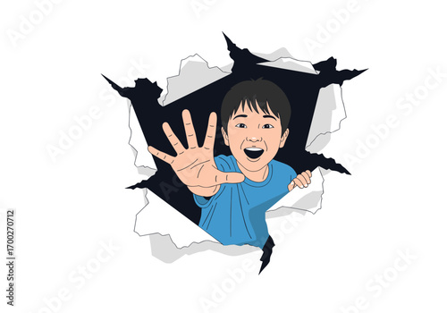 Young boy peeking through torn paper with hand extended