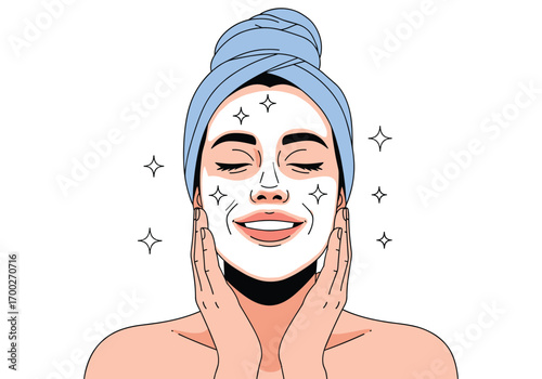 Beautiful woman applying facial mask for healthy glowing skin