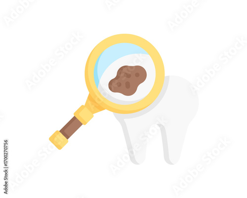 Magnifying glass inspecting a carious lesion on a human tooth. Flat vector icon representing dental diagnostics, oral health and hygiene