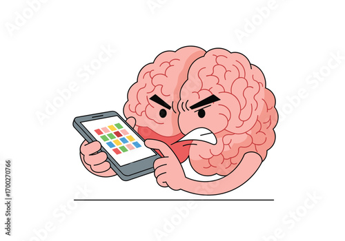 Angry brain frustrated by excessive smartphone use causing mental strain