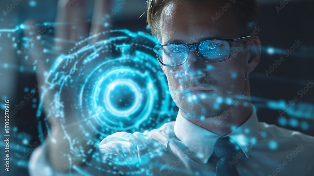 custom made wallpaper toronto digitalPerson using smart glasses to interact with holographic digital interface in high-tech environment