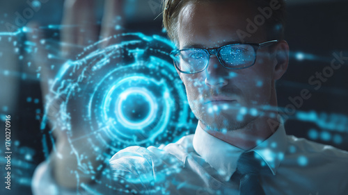 Wallpaper Mural Person using smart glasses to interact with holographic digital interface in high-tech environment Torontodigital.ca