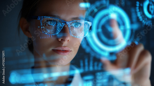 Person using smart glasses to interact with holographic digital interface in high-tech environment