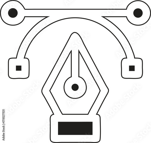 Illustration of a vector graphic pen tool with Bezier curve handles on a white background simple design.