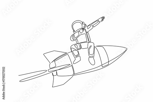 Single continuous line drawing astronaut sitting on rocket while posing dabbing style. Expression of excitement towards first expedition. National Astronaut Day. One line design vector illustration