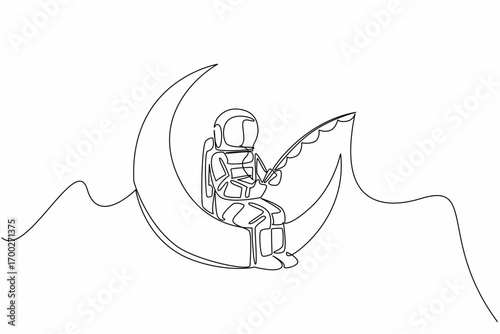 Single one line drawing astronaut fishing while sitting on the crescent moon. Relaxing. Spending free time. Off duty. The cosmonaut. National Astronaut Day. Continuous line design graphic illustration
