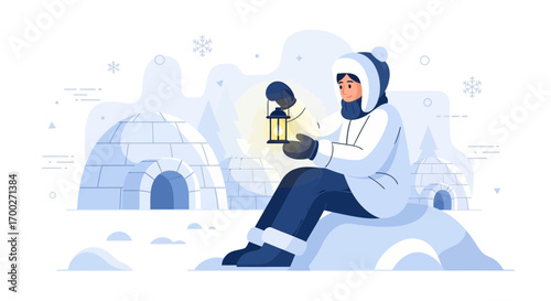 Cozy winter illustration featuring a person with a lantern near igloos in a snowy landscape