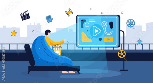 Cozy movie night at home with streaming service and relaxing atmosphere in the evening