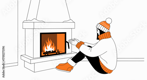 Cozy winter scene featuring a person warming up by the fireplace in a minimalistic style