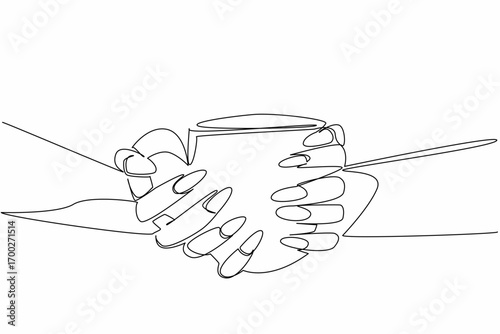 Single continuous line drawing a pair of hands holding a mug with colorful nails. A new, fresher look. Looks more elegant. Fashionable. More beautiful. Nail Day. One line design vector illustration