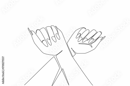 Single one line drawing a pair of crossed hands showing colorful nails. Pose for a digital advertisement. Showing the beauty of a nail. Beautiful. Nail Day. Continuous line design graphic illustration