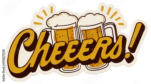 Retro 'Cheers!' sticker with two clinking beer mugs illustration.