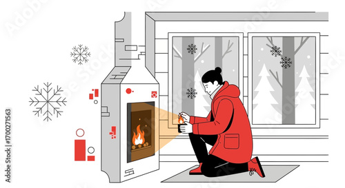 Cozy Winter Scene: Woman lighting fireplace in cabin as snow falls outside the window creating a