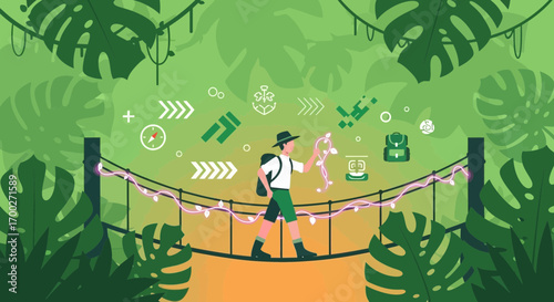 Adventurer crossing rope bridge in the jungle surrounded by tropical foliage and adventure icons