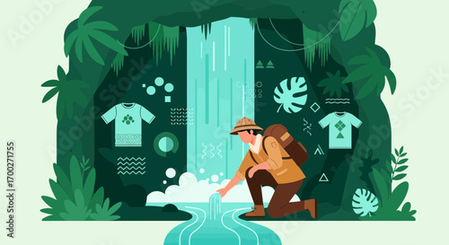 Adventurer's quest finding inspiration amidst nature's serenity waterfall setting