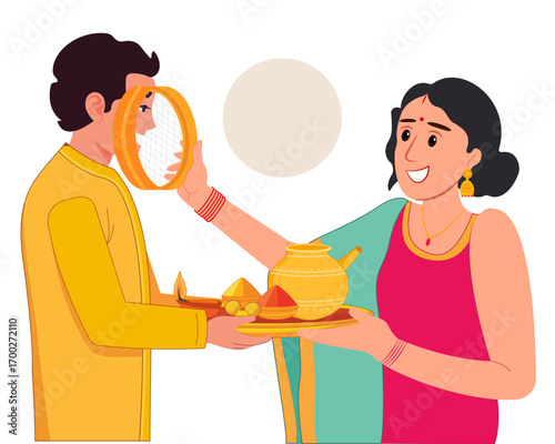 vector illustration of married women performing karwa chauth puja by looking her husband through a sieve