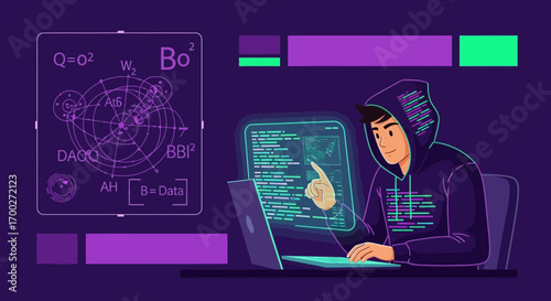 Digital hacker coding innovative program on futuristic devices with complex algorithms