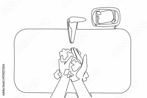 Single continuous line drawing a pair of hands being washed in the sink with soap bar. Actions to prevent the spread of the virus. Protect. World Hand Hygiene Day. One line design vector illustration