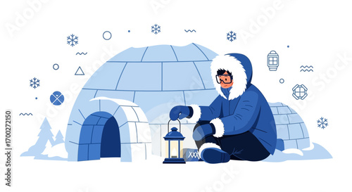 An illustration of a man in a parka sitting outside an igloo with a lantern ready for winter