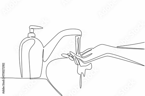 Continuous one line drawing hands are being washed in the sink. Measures to prevent the spread of viruses and germs. Healthcare. World Hand Hygiene Day. Single line draw design vector illustration