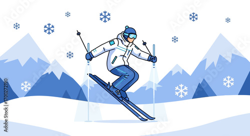 Animated illustration of a skier on a snowy mountain landscape with snowflakes falling down