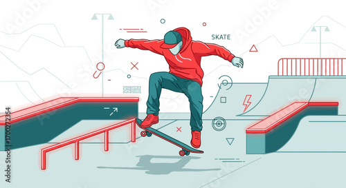Dynamic skater performing a trick at skatepark with vibrant colors and abstract design elements