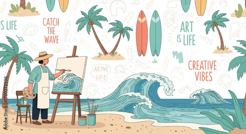 Artist capturing ocean waves on canvas at a serene tropical beach scene illustration