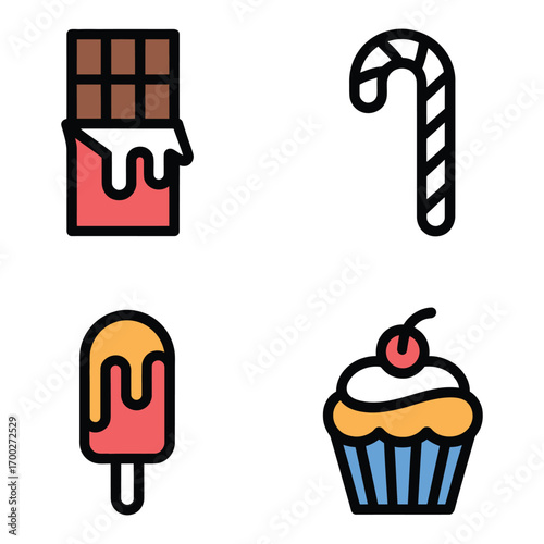 Assortment of delicious sweets chocolate bar candy cane popsicle and cupcake for dessert treats