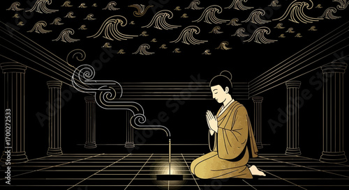 Elegant illustration of a monk in prayer amidst ancient architectural elements and spiritual waves