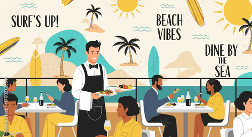 Elegant oceanfront dining with vibrant beach vibes and attentive service illustration