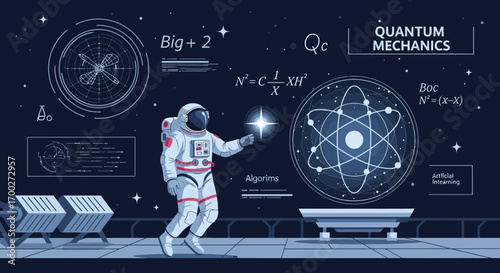 Astronaut Exploring Quantum Mechanics and Artificial Intelligence in Space Environment