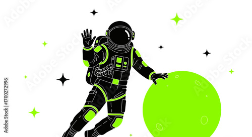 Astronaut in space with a glowing green planet and stars waving hello illustration