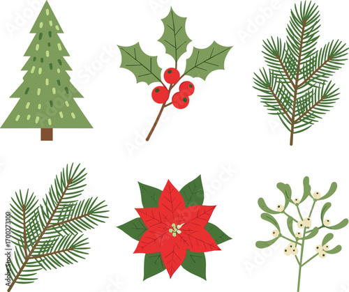 Christmas Icons: Pine Tree, Holly, Poinsettia, Mistletoe, Pine Branch