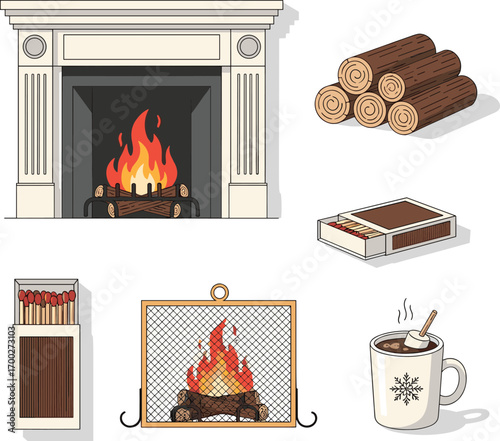 Cozy Fireplace Scene with Hot Chocolate and Supplies