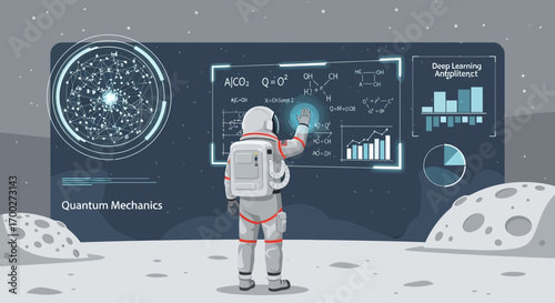 Astronaut interacting with quantum mechanics and deep learning interface on the moon surface